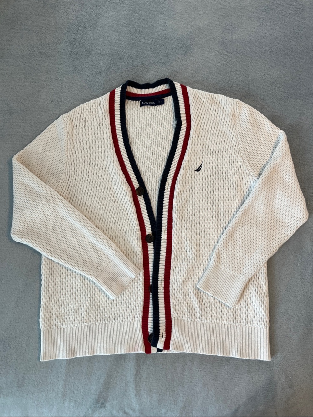 Nautica White Cardigan with Red and Navy Trim